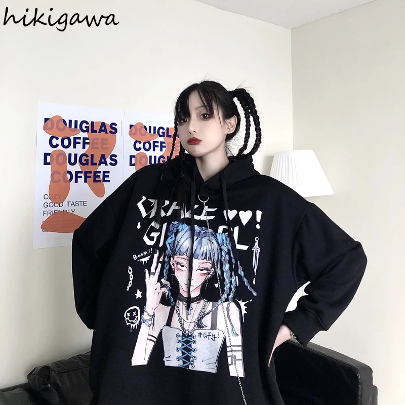 

Hikigawa Women's Clothing Japanese Gothic Print Women Hoodies Korean Fashion Oversized Tops Long Sleeve Pullovers Sweatshirts