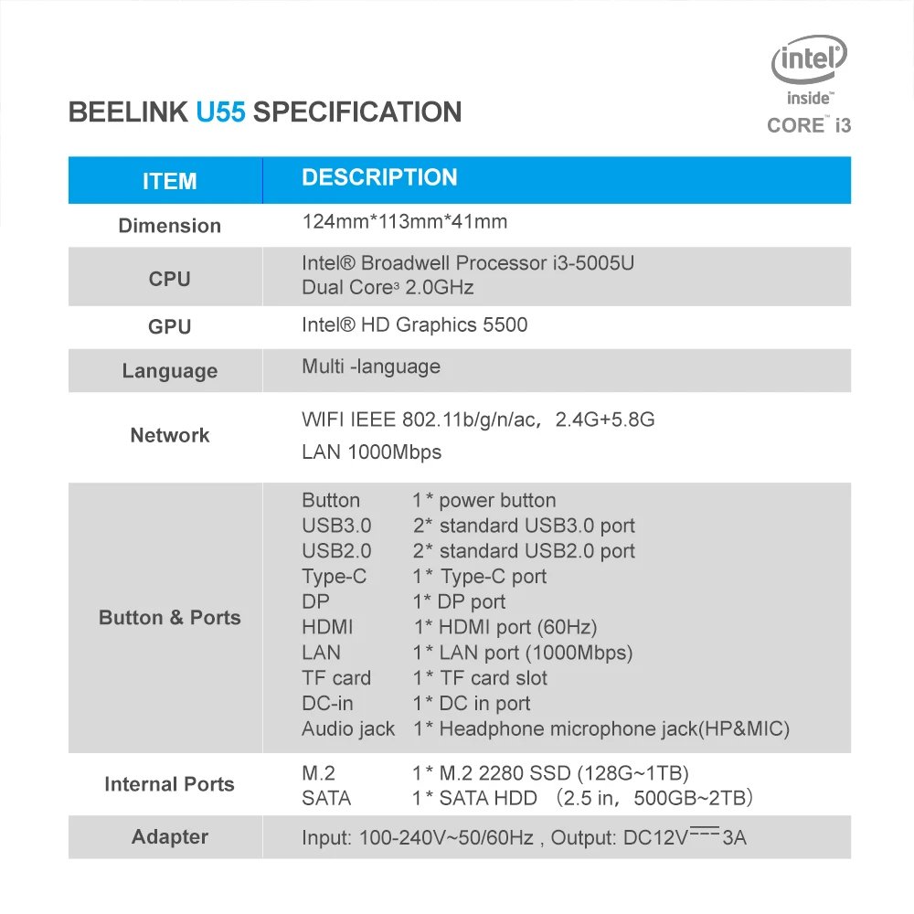 Мини-компьютер Beelink U55 Win10 Intel Core I3-5005U 2,4G+ 5,8G Dual Wifi 8GB DDR3L 256GB 512GB SSD DP+ HDMI с двойным экраном