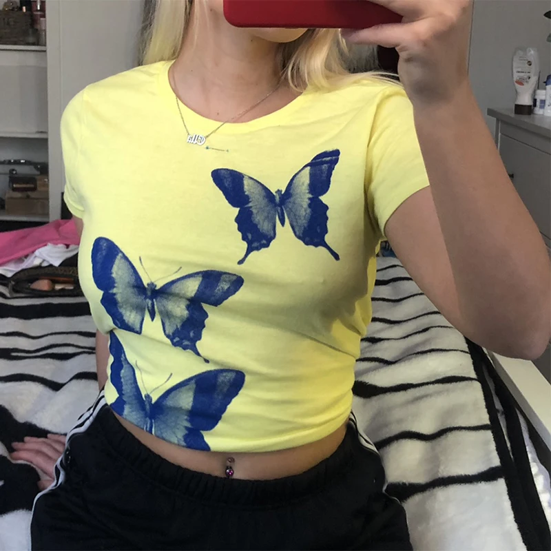 

HEYounGIRL Butterfly Print Harajuku Y2K Crop Top T Shirt Women Summer Short Sleeve Cotton Tee Shirt Femme Basic Punk Casual 2021