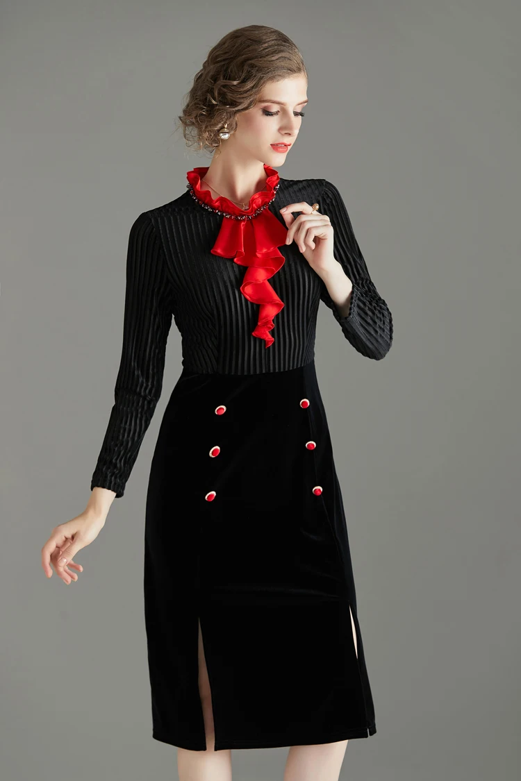 Модное подиумное женское платье с гофрированным воротником и длинными рукавами