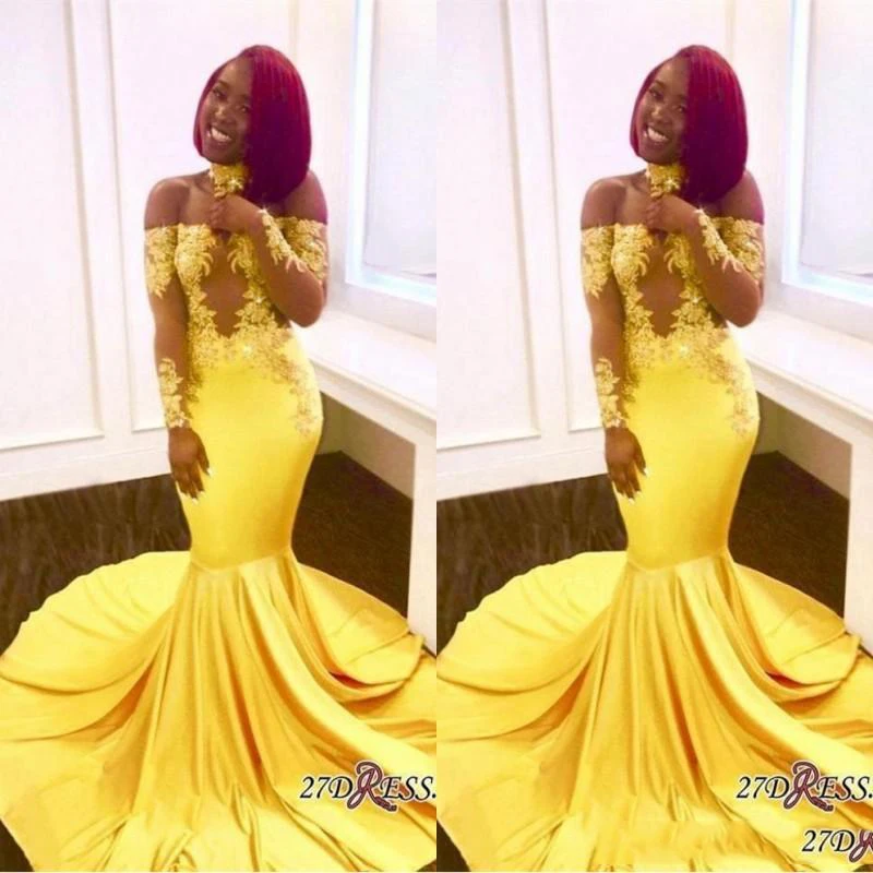 

Желтое Африканское платье для выпускного вечера, длинное кружевное платье с открытыми плечами и длинными рукавами, просвечивающее вечерне...