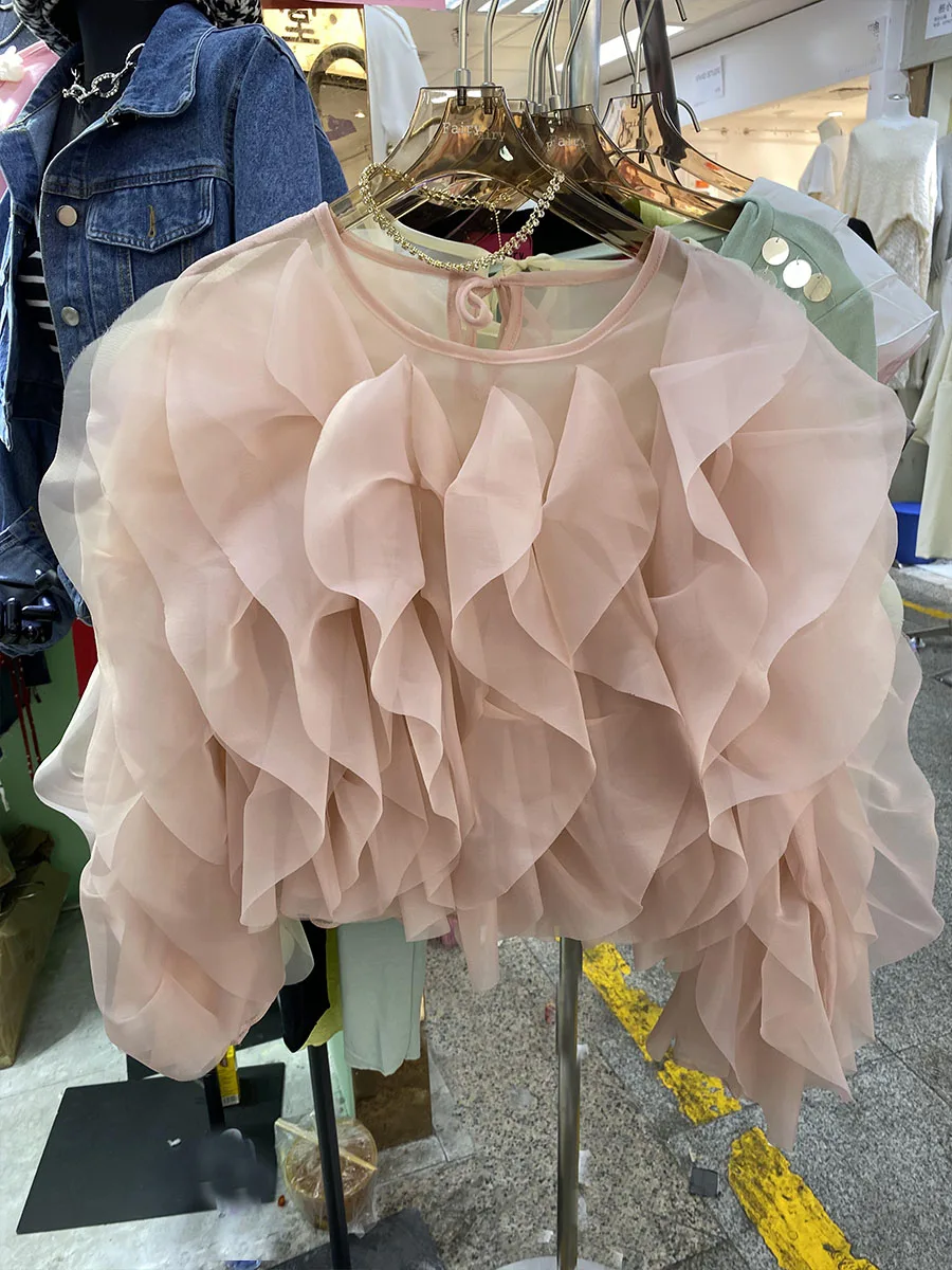 

Elegant Patchwork Ruffle Chiffon Blouses Women O Neck Lantern Long Sleeve Loose Shirt Female Clothes Fashion Summer 2021 New