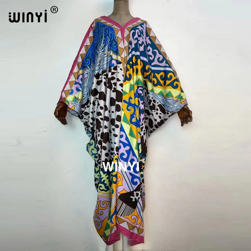 2021 Middle East Fashion Print Twill WINYI Maxi Dress African Women Abaya Robe Long Dress Beach V-neck Bohemian Dress