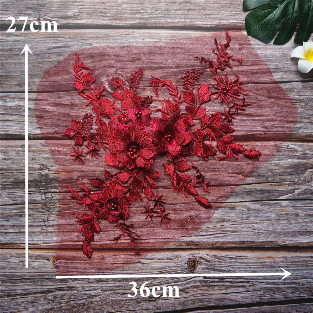 Бордовый кружевной ткани 3D цветок бисер Стразы вышитое свадебное платье