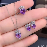 fine jewelry 925 pure silver inset with natural gem womens luxury exquisite heart amethyst pendant ring earring set support det