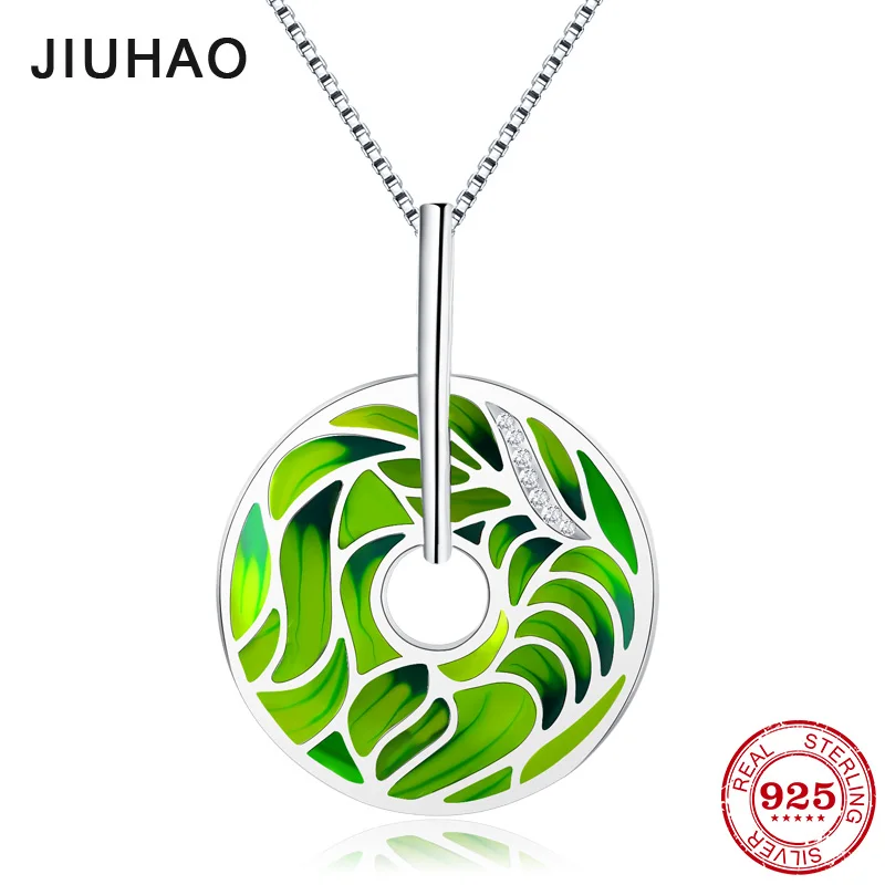 Ожерелье из серебра 100% пробы с круглым эмалированным зеленым листом кулон для