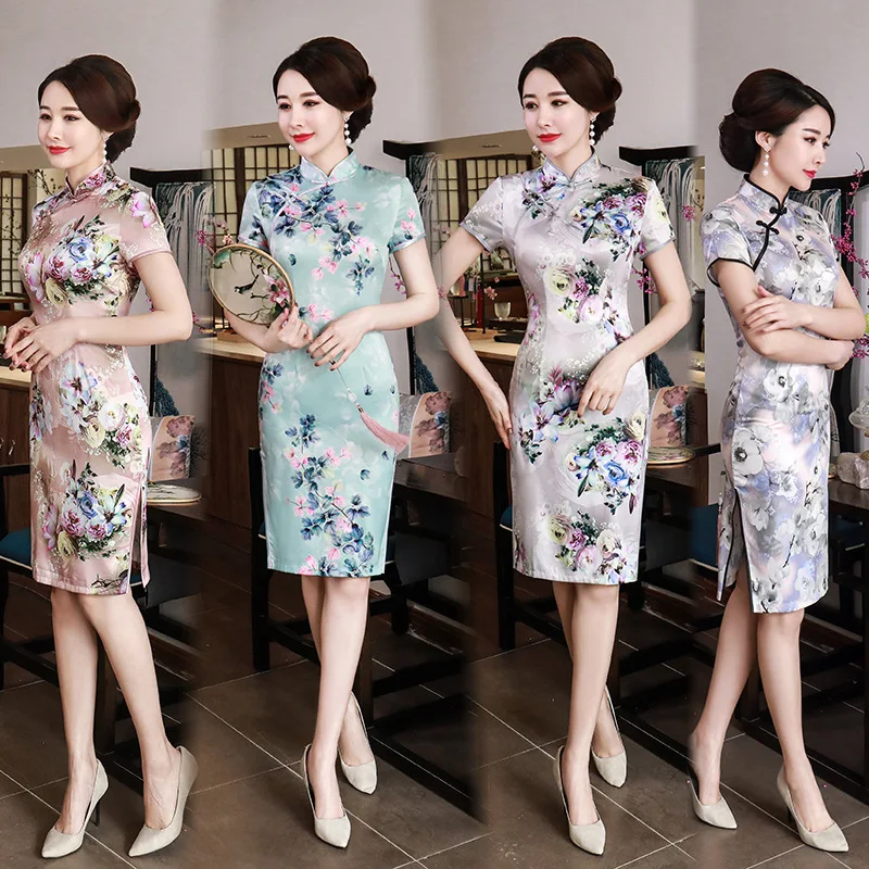 

2020 Cheongsam Printed Short Dress Chinese Style Slim Retro Daily Large Size Mother Women'S Costumes Qipao Flowers Dresses