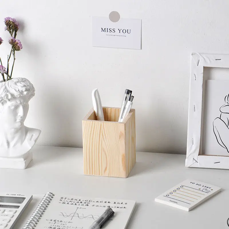 

ins wind log color bedroom double grid wooden pen holder student simple desktop storage box stationery storage barrel