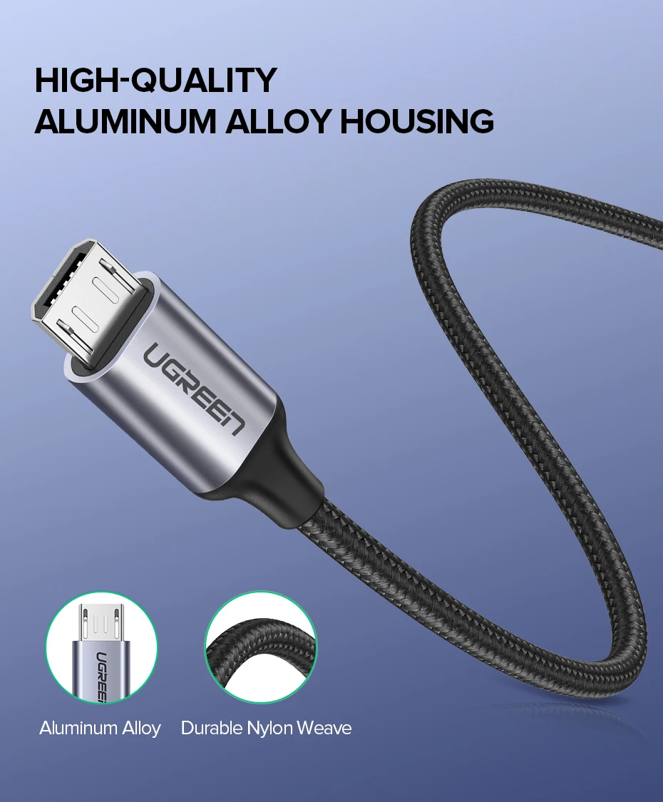 Ugreen Micro USB Кабель 2.4A Нейлоновый Шнур для Зарядки Телефона USB-кабель Провод для Быстрой Зарядки для Samsung s Huawei Xiaomi HTC LG Планшет Android зарядное устройство для телефона Кабель Micro USB