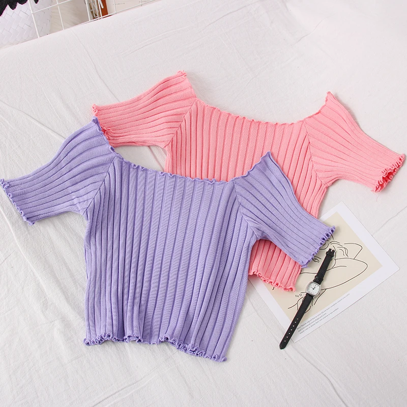 Женский укороченный топ OUMEA ребристый с коротким рукавом вырезом лодочкой и