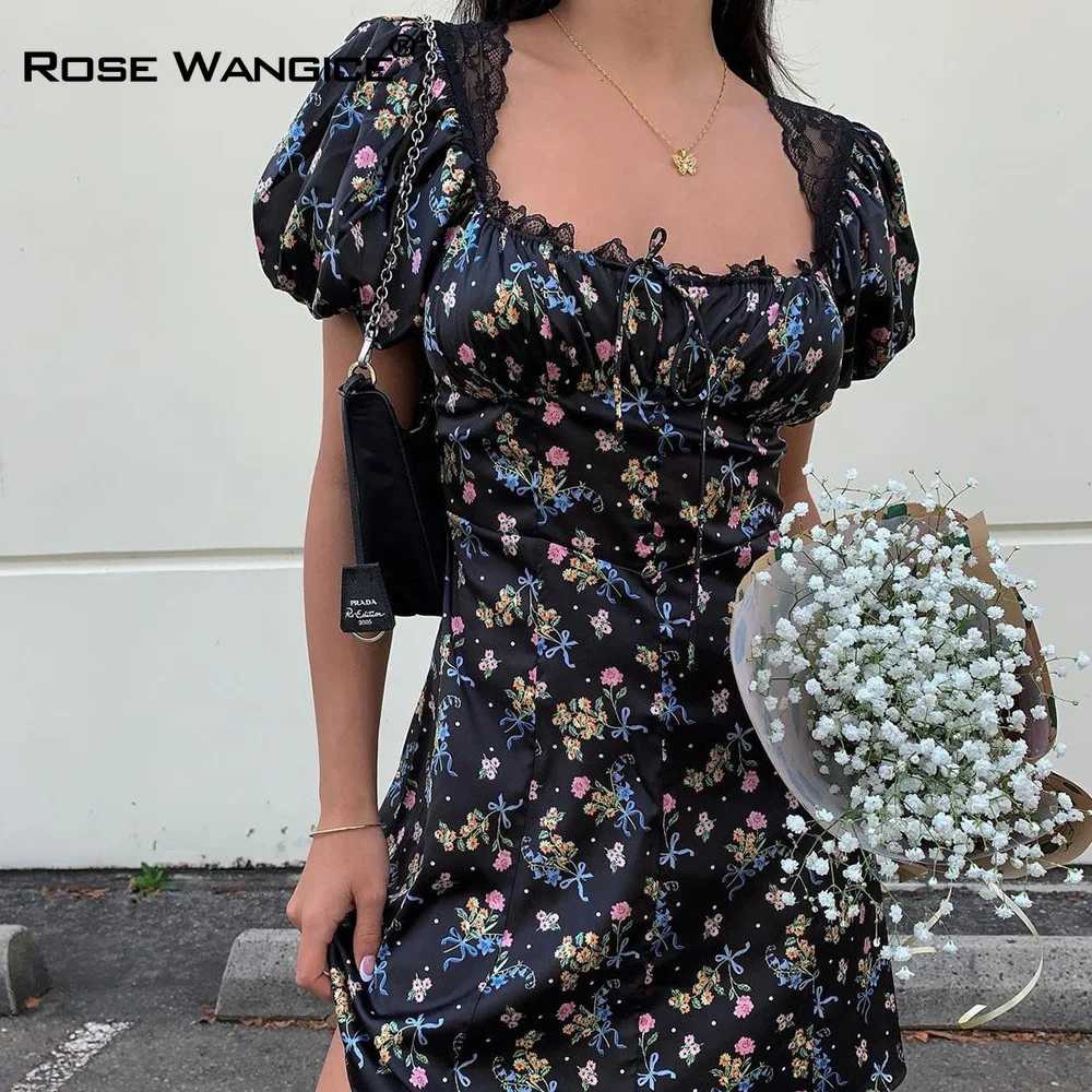 

Temperament Accepts Waist To Show Thin Skirt 2021 Women Clothing Summer Retro Ancient Ways Square Collar Broken Flower Dress