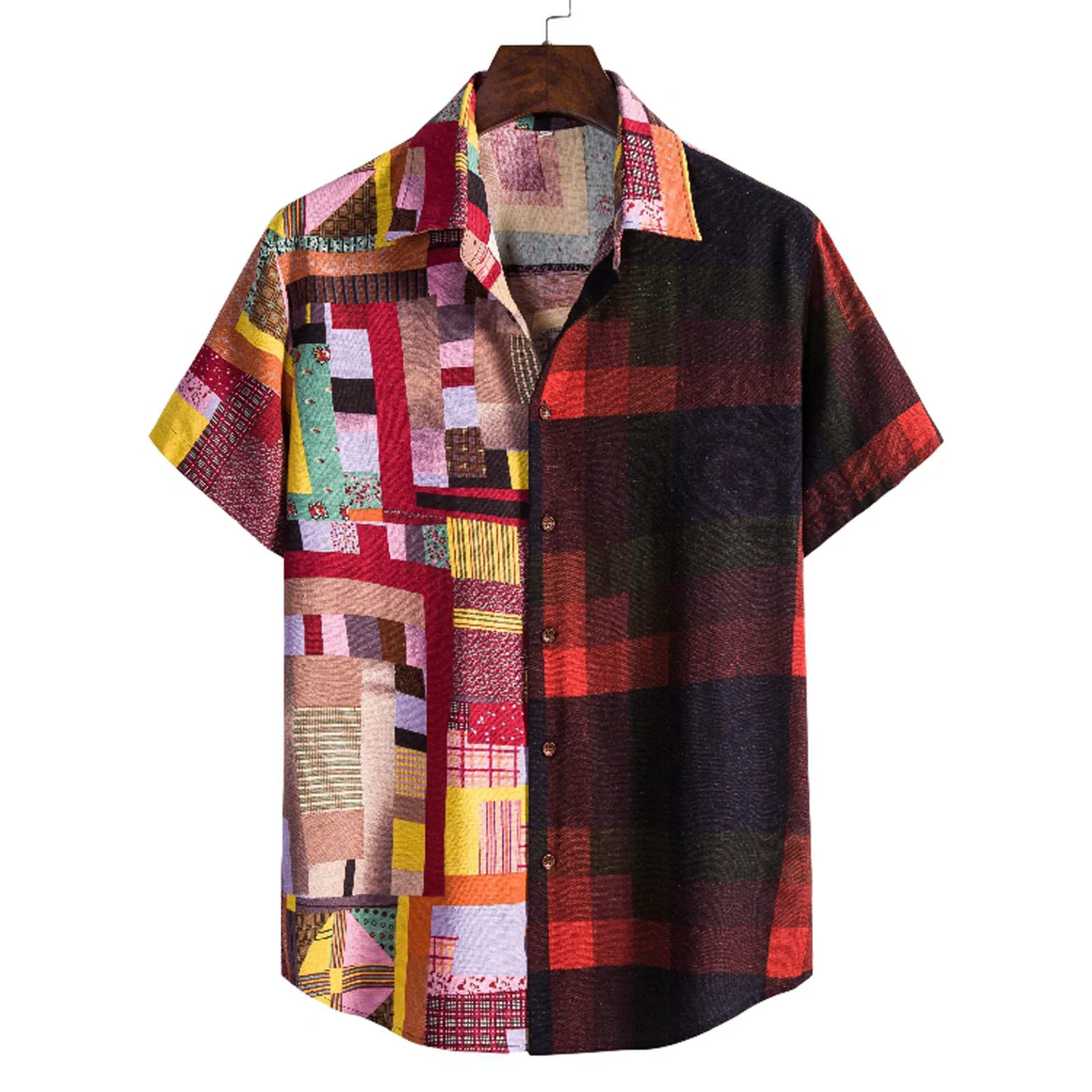 

55# 2021 Men's Baggy Cotton Linen Print Short Sleeve Button Retro Shirts Tops Blouse Camisa Masculina Hawaiian Streetwear