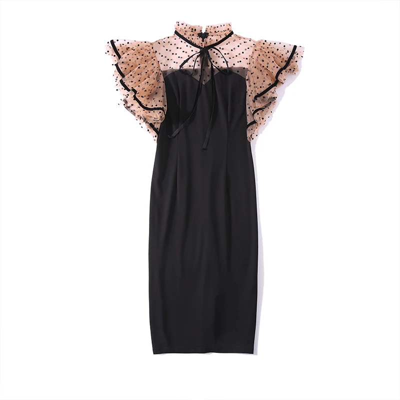 Женское Сетчатое платье модельное черное в горошек с коротким рукавом лето