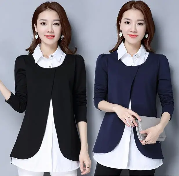 S-4XL Plus Size Womens Tops and Blouses 2020 Spring New Fake Two Pieces Casual Women Shirts Office Ladies Blusas JR139 |