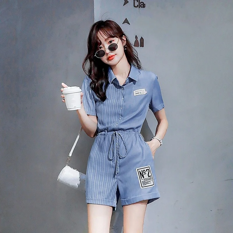 2022 Womens Summer New Fashion Stripe Shorts Jumpsuits Office Lady Vintage Sets Turn-Down Short Sleeve Spliced Casual Playsuit