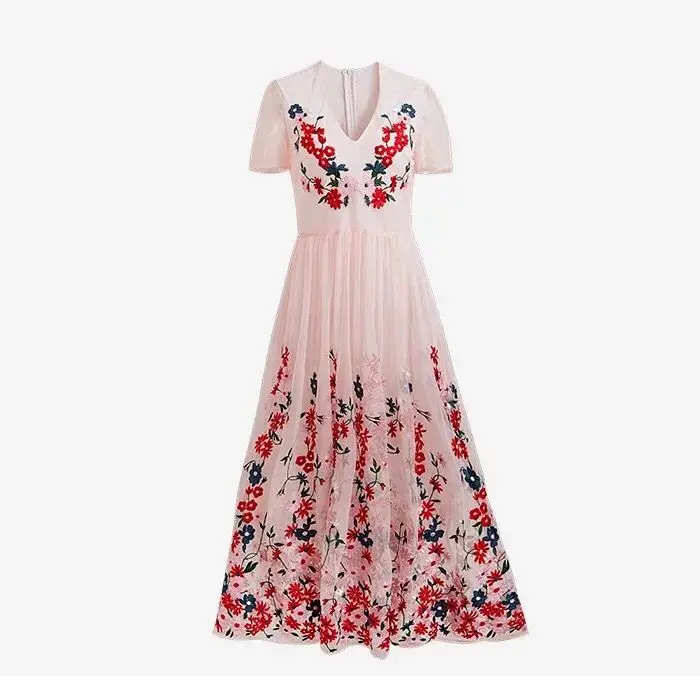 Women Short Sleeve Long Dress V Neck Flower Embroidery Mesh Midi | Женская одежда
