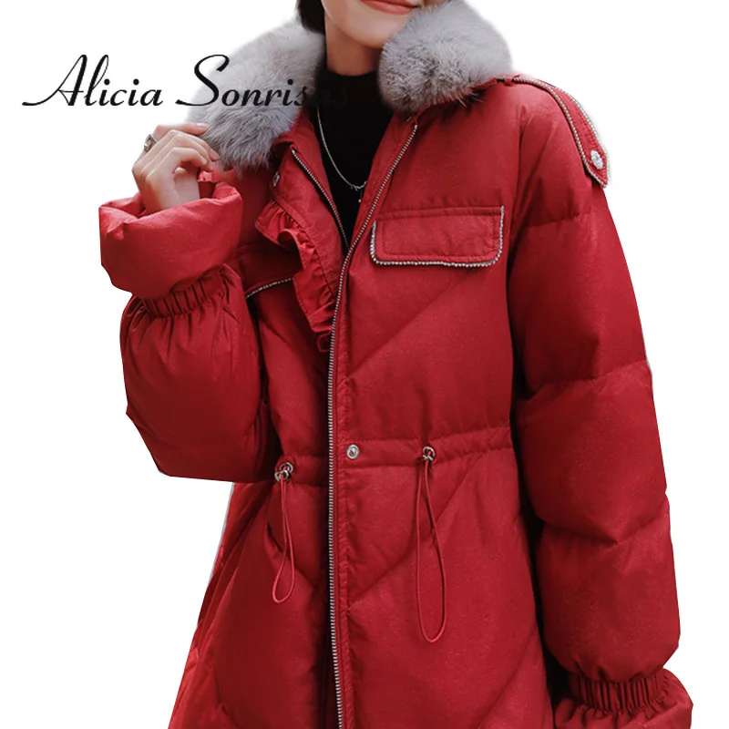

Long Winter Duck Down Jacket Women 2021 New Fur Collar Red Black White Loose Bract Sleeve Drawcord RuffleThick Warm Woman Coat