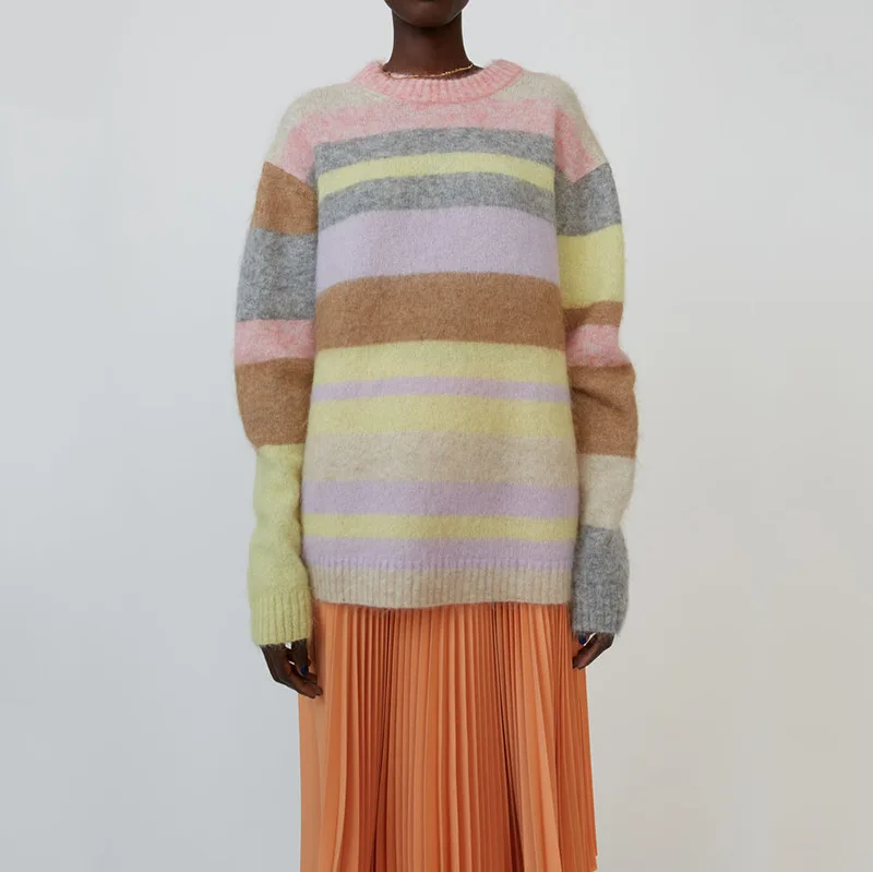 

Women Sweater 2021 New Autumn and Winter Macaron Color Matching Rainbow Mohair Wool Knitted Sweater