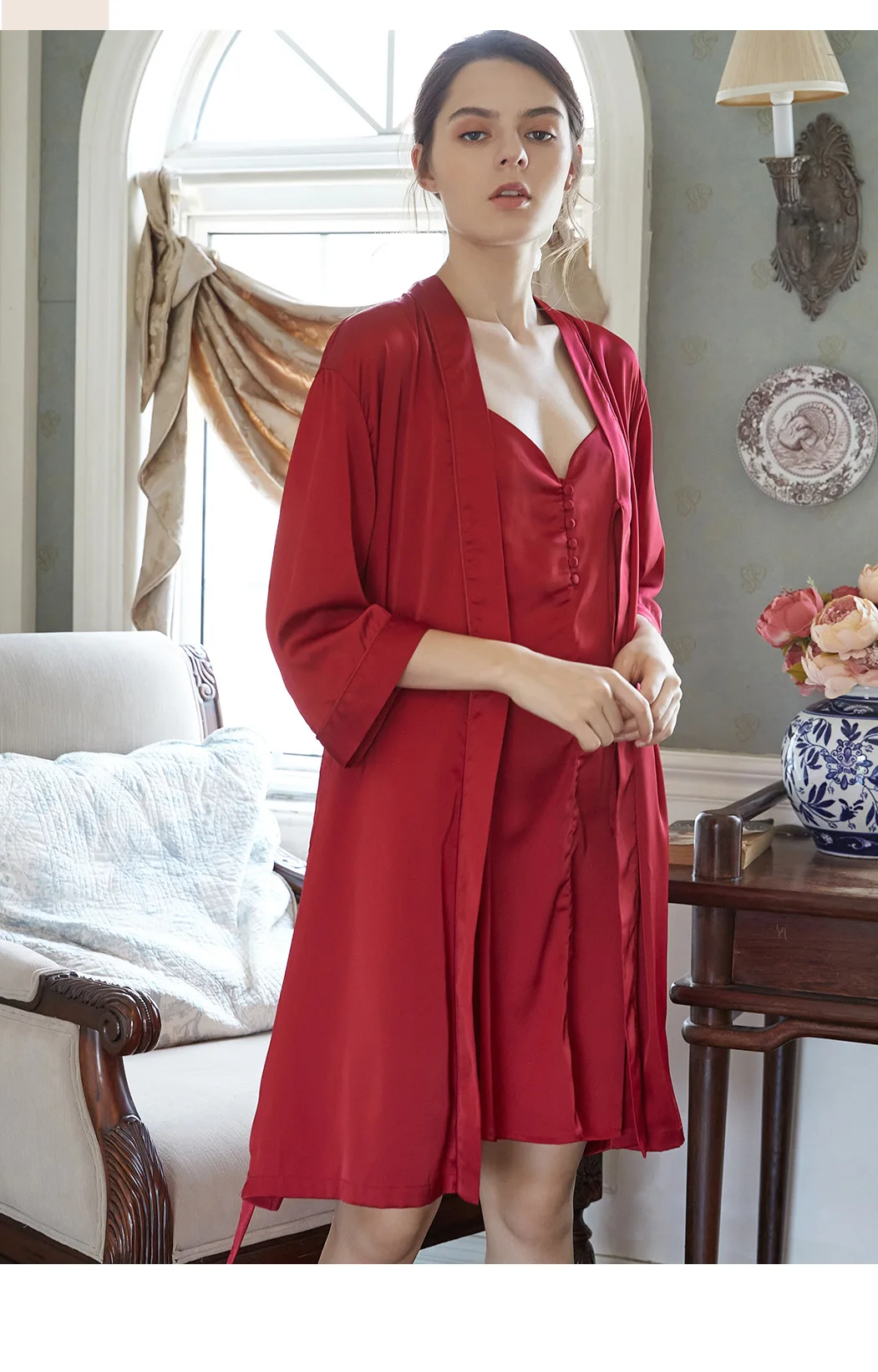 

Women Silk Night Dress Autumn Sexy Suspenders Nightgown Red Wedding Gown Nightgown Women's Two Piece Sleep Set Home Robe Sets