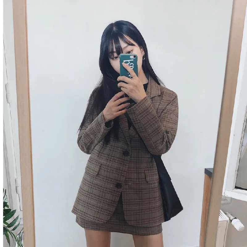 Женский клетчатый костюм повседневный пиджак с высокой талией и юбка разрезом