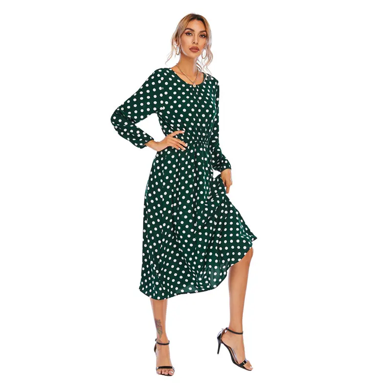 

Green Women Autumn Winter Dalmatian Print Ruffle Hem Midi Elegant Dress Boho O Neck Long Sleeve Beach Party Dresses