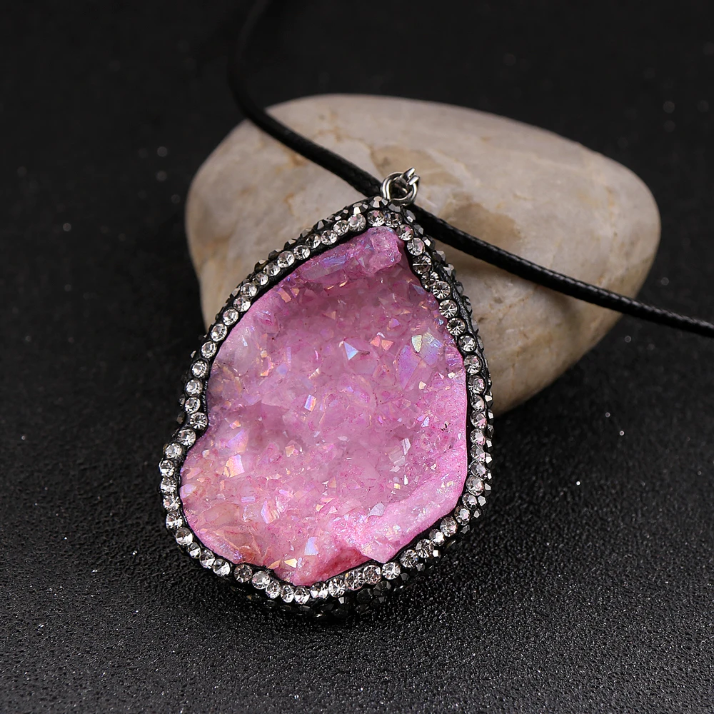 Женский Большой кулон из натурального камня розовый красный синий кристалл