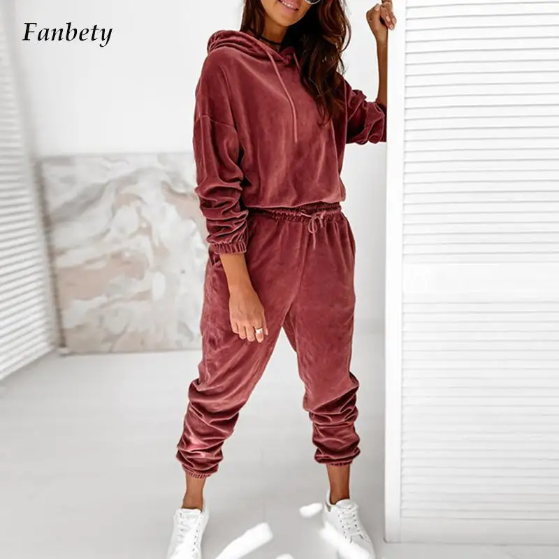 

Модный повседневный однотонный Бархатный комплект из 2 предметов, Осенний Женский свитшот с капюшоном + спортивные длинные брюки, свободный...