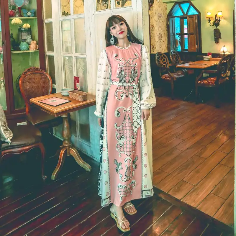 

Make small foreign wind restoring ancient ways design national wind totem printing waist hubble-bubble sleeve loose dress