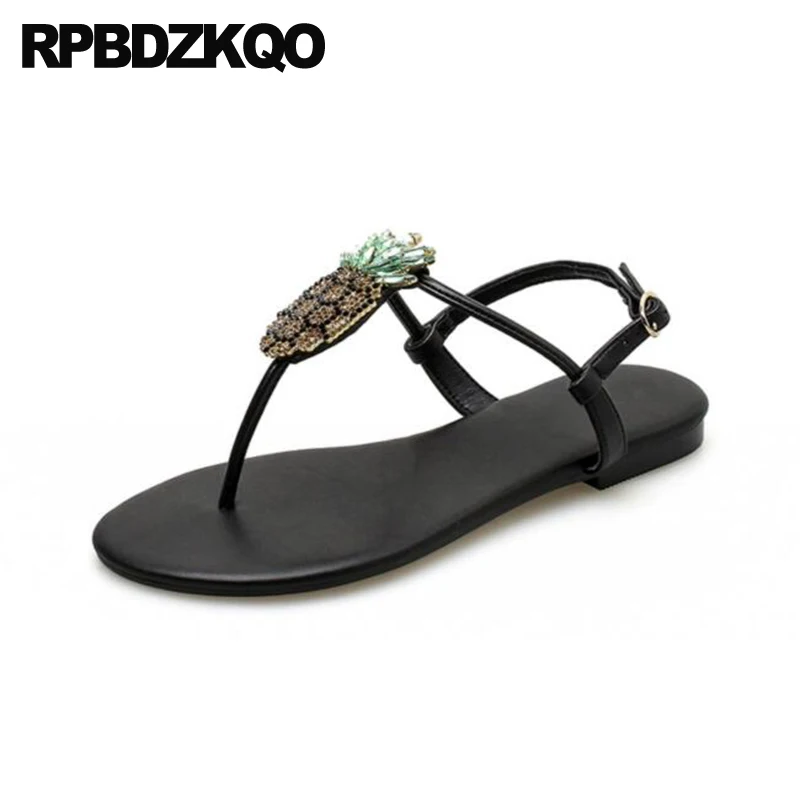 Ананас Сандалии на ремнях с бантом петлей пятке Стразы Т образным ремешком