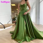 Женское атласное платье-трапеция с открытой спиной, Зеленое Длинное Вечернее Платье с разрезом, на тонких бретелях