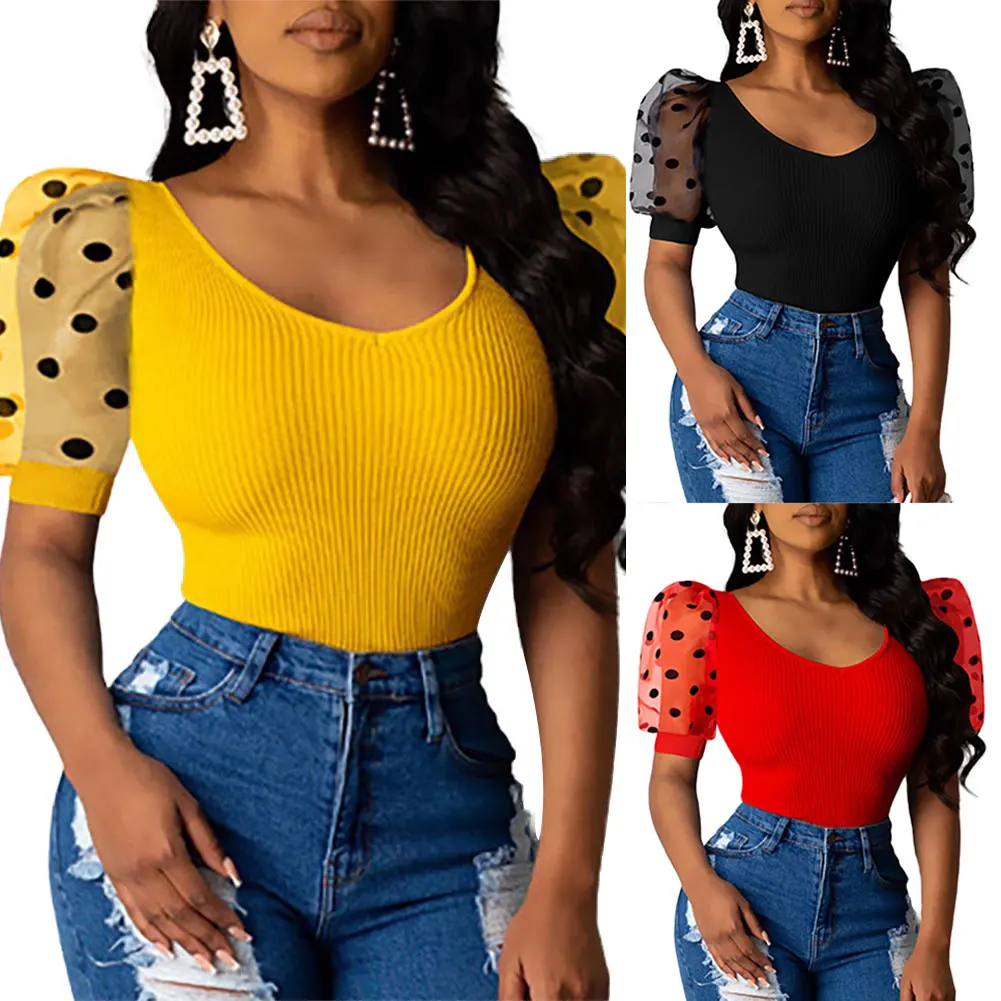

Summer Ladies Women Vintage Sexy Short Sleeve Low Cut Rib Polka Dot Puff Sleeve Skinny Club Fashion T Shirts Tops