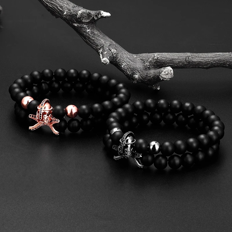 2 piece set /Novelty Fashion Knight Helmet CZ Pearl Bracelet Men 8mm Black Natural Stone Spartan Warrior Gladiator Yoga | Украшения и