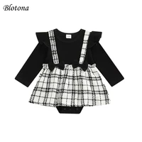 blotona infant baby girls long sleeve jumpsuit o neck fake two piece style princess romper dress plaid pattern bodysuit 0 18m