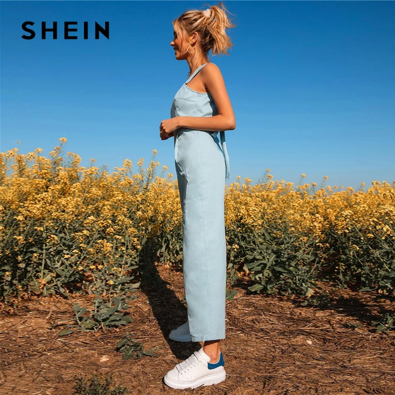 

SHEIN Pastel Blue Tie Back Cami Wide Leg Jumpsuit Women Summer High Waist Sleeveless Solid Cropped Boho Jumpsuits