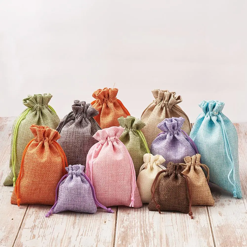 10pcs Christmas Burlap Packing Pouches Gift Bags Drawstring Bags Wedding Candy Favor Bags for Jewelry Display 14x10cm images - 6