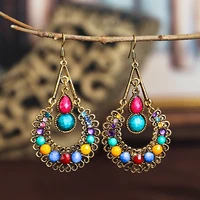 bohemian water drop vintage earrings for women colorful acrylic rhinestone gold color hollow long dangle earrings jewelry