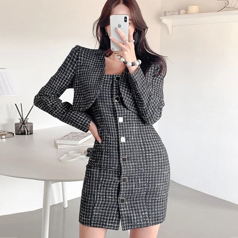 

Женский клетчатый кардиган, модный винтажный элегантный короткий жакет, жилет, однобортное платье, комплект из 2 предметов
