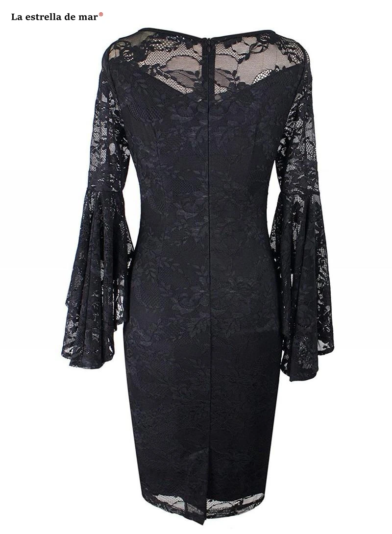 

vestido madre de la novia full lace bell sleeves Sheath black moeder van de bruid jurken Tea Length robe mere de la mariee Plus