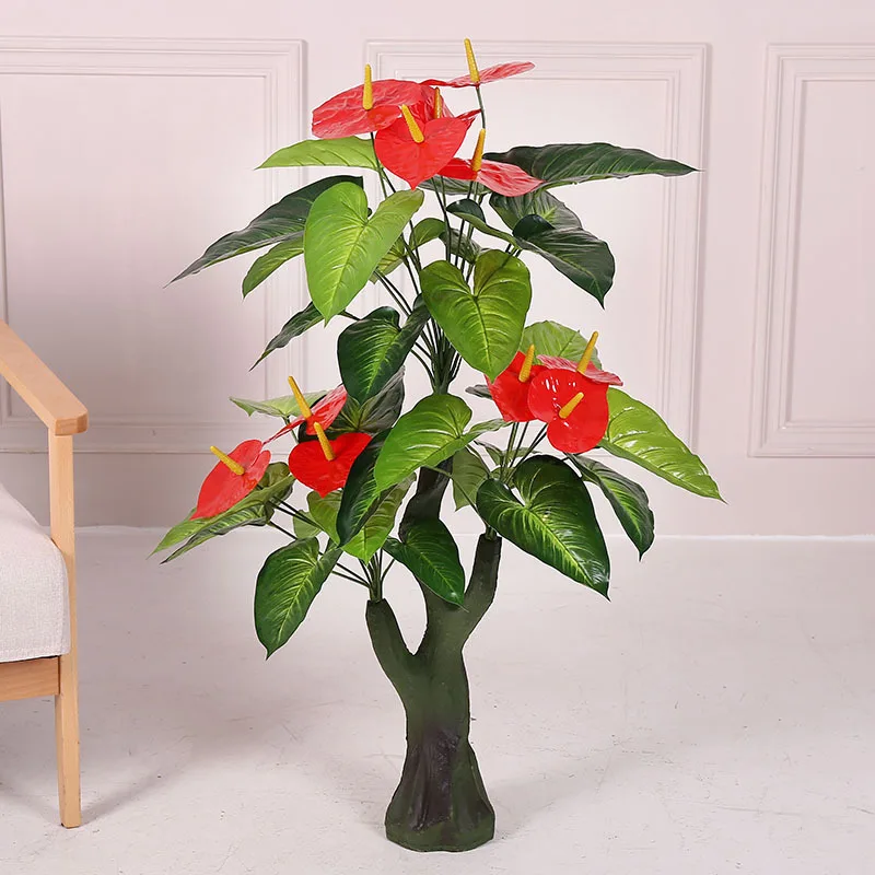 Decoraci&oacute;n de jard&iacute;n de 100cm, bons&aacute;i, plantas verdes, &aacute;rbol, flor falsa de pl&aacute;stico, simulaci&oacute;n de Anthurium, adornos de boda artificiales en maceta-1