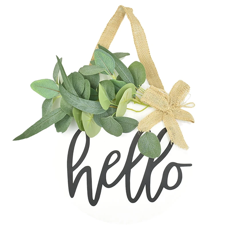 

Hello Sign for Front Door Decor Wreath, Round Wood Holiday Sign, Burlap Wooden Hanging Signs for Farmhouse Home Decor