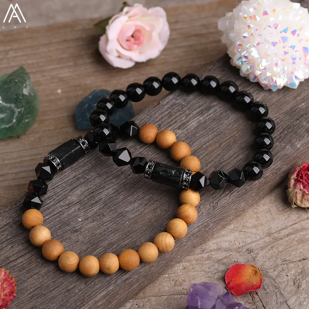 

Fashion Fragrant Wooden Beads Mala Yoga Bracelet Women Naural Black Tourmaline Black Agates Stone Beads Braided Elsatic Bracelet