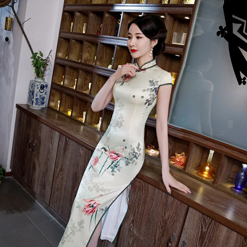

M-4XL Chinese Style Long Cheongsam Oversize Women Elegant Slim Dress Retro High Split Sexy Button Party Evening Qipao Vestido