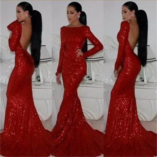 

Simple Red Open Back Long Mermaid Prom Dresses New Long Sleeve Sparkly Sequined Sweep Strain Formal Evening Dress Party Gowns