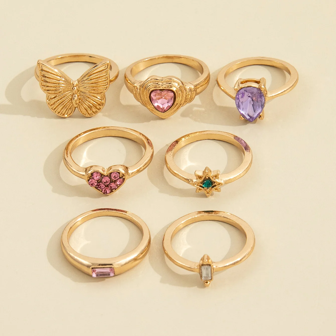 Sindlan 7Pcs Y2k Butterfly Gold Color Rings for Women Kpop Cute Multi Crystal Heart Vintage Fashion Jewelry Anillos Mujer - купить по