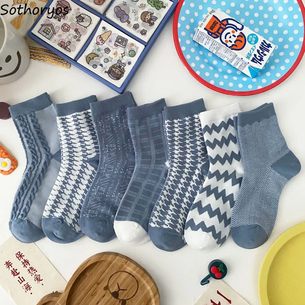 

Носки женские простые парные универсальные милые мягкие Синие Клетчатые носки средней длины для отдыха впитывающие пот в японском стиле Ха...
