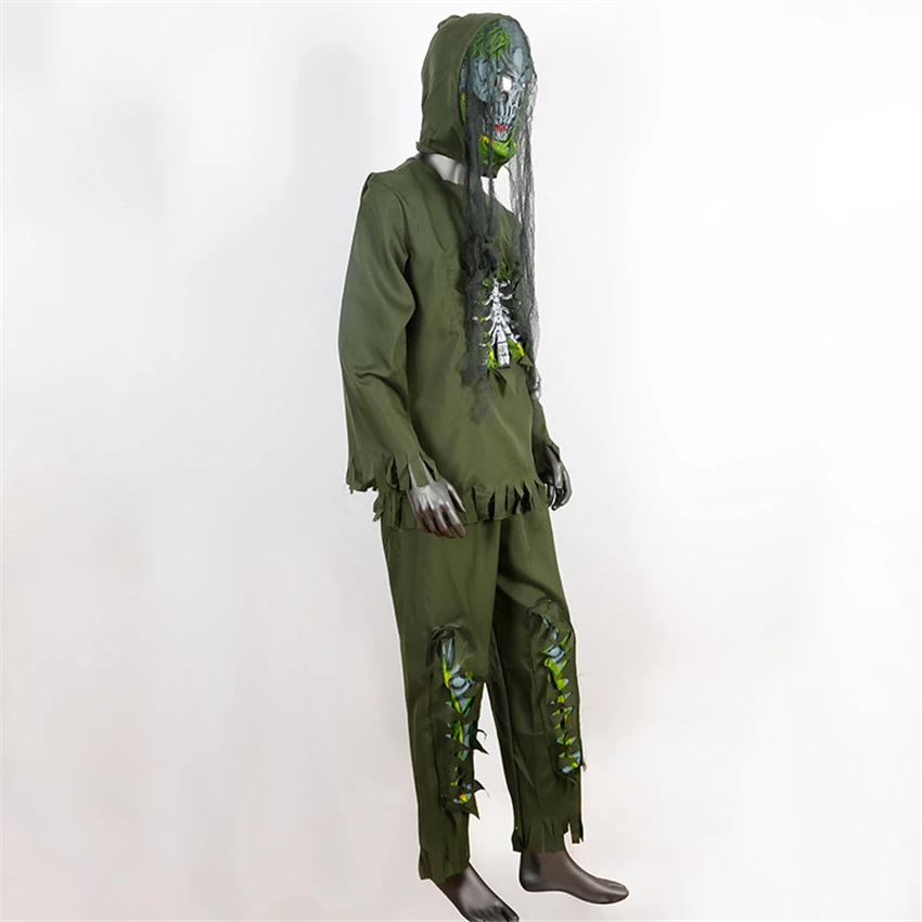 

Halloween Costume Zombie Cosplay Scary Skeleton Print Lace Up Day of The Dead Carnival Party 2Pcs Set with Mask Adult Wear