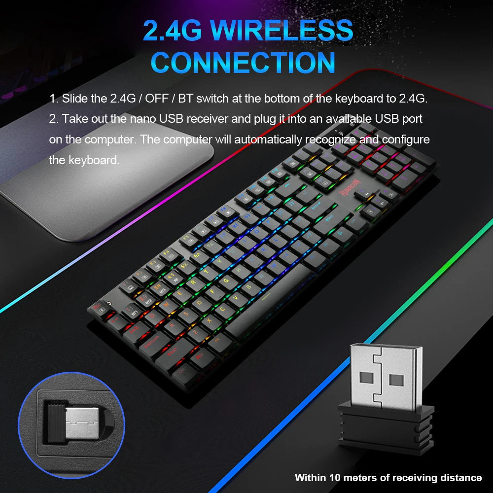 Механическая игровая клавиатура Redragon Static X K535P с RGB-подсветкой USB Bluetooth 5 0 2 4 ГГц 104