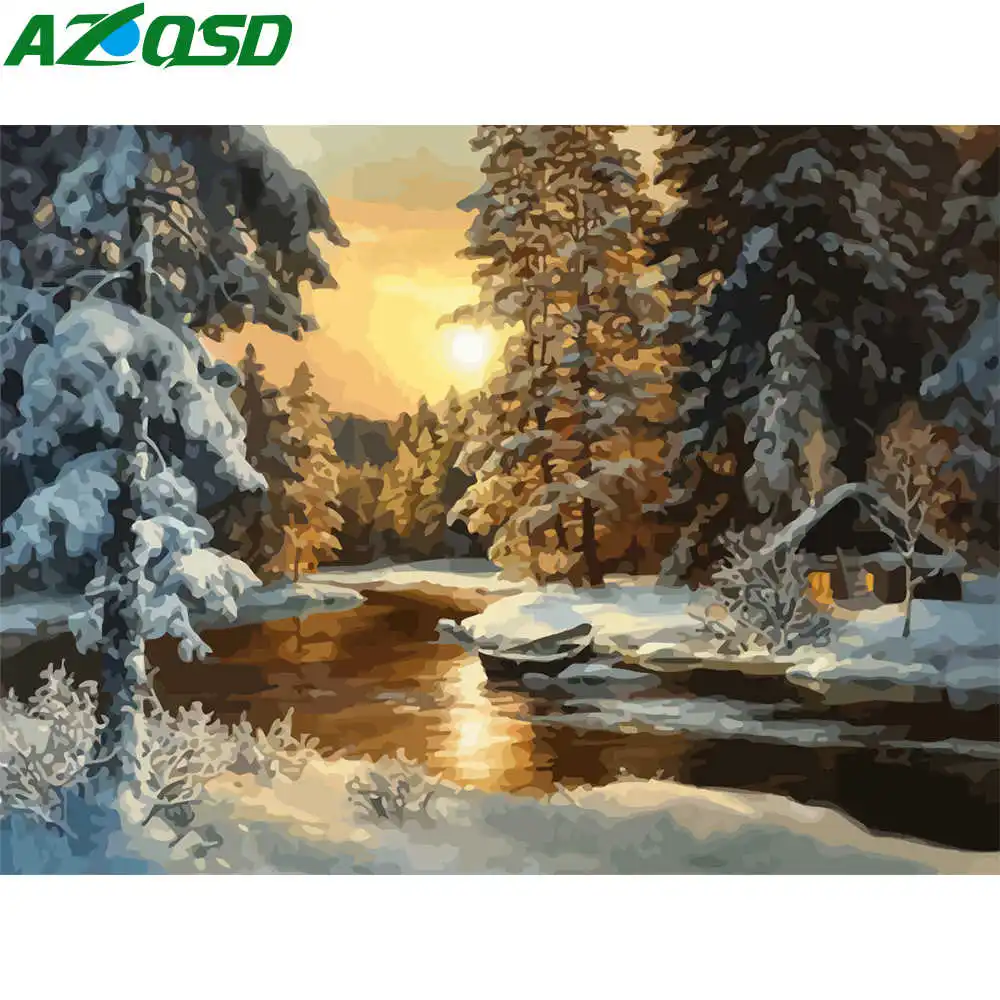 

AZQSD краска по номеру зимняя ручная краска ed масляная краска ing пейзаж картинки по номерам закат Рисование холст без рамки украшение