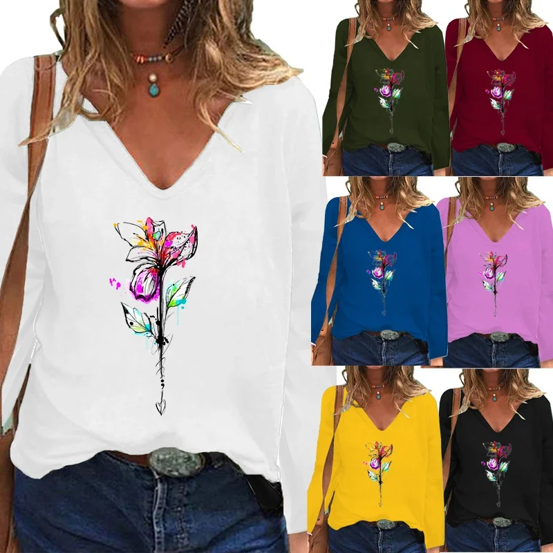 

The New Women Clothing Solid Color Fashion Printing Autumn and Winter Loose Casual Shirt V-Neck Pullover Long Sleeve Tops