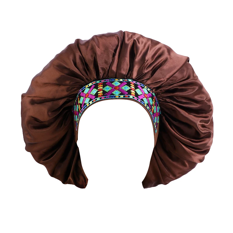

New Large Size Wide Band Satin Bonnet For Women Bohemian Pattern Ethnic Night Sleep Hat Personalized Head Cover Soft Hat